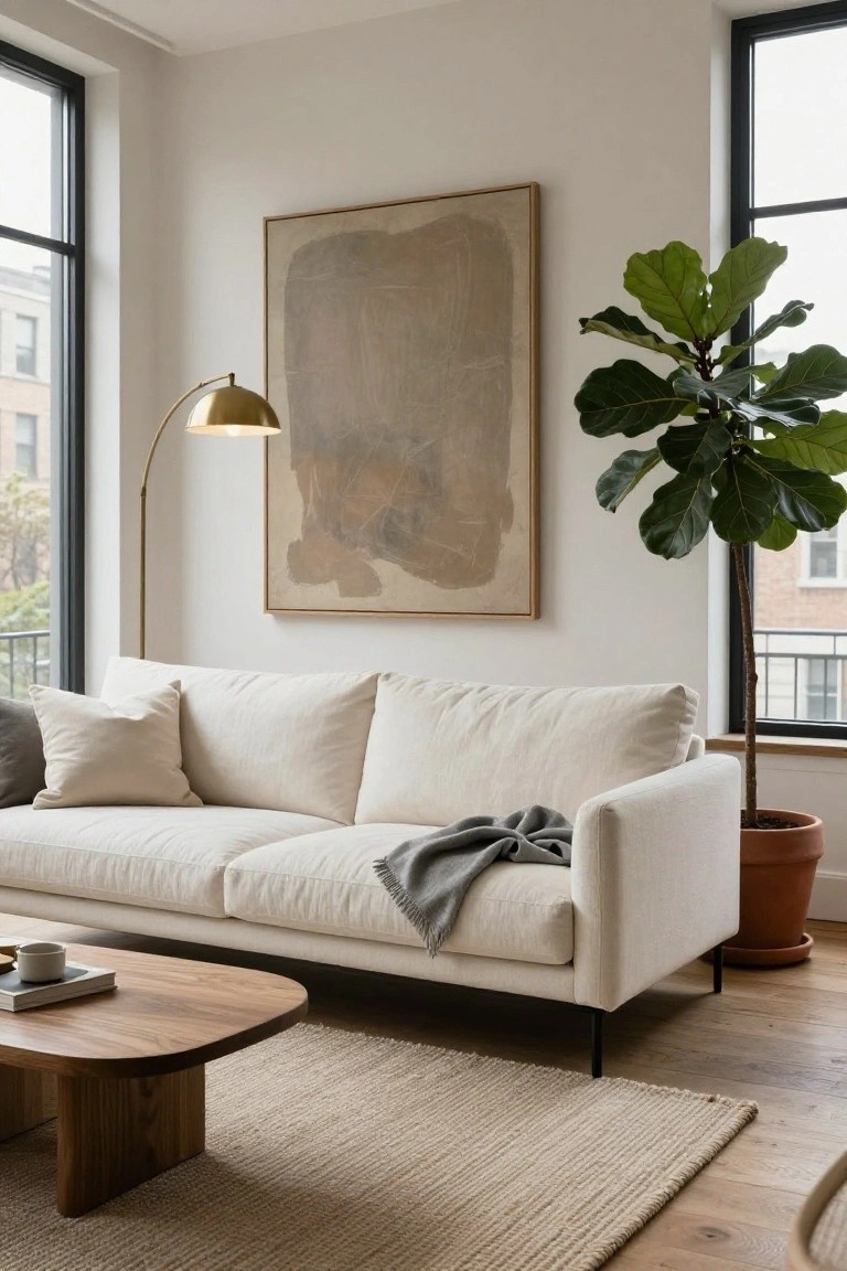 Modern living room with a white cream boxy sofa on black legs, oval wooden coffee table holding a book and mug, arched gold floor lamp, large abstract beige painting, fiddle leaf fig in terracotta pot, beige rug, and large windows showing brick buildings outside.