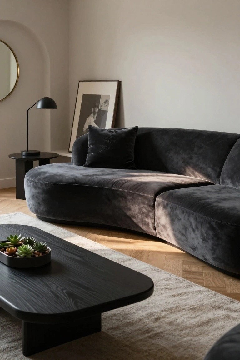 A modern living room with a large curved black velvet sofa, black wooden oval coffee table holding a planter of succulents, black round side table with adjustable lamp, gold mirror in arched wall niche, black-and-white framed portrait, and light beige walls over parquet flooring.