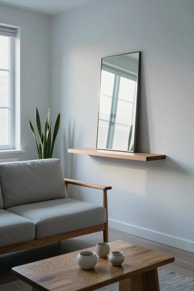 Modern living room with a low gray fabric sofa on wooden legs and arms, wooden coffee table holding white ceramic pots, tall snake plant, and tall mirror on wooden shelf against light gray walls.