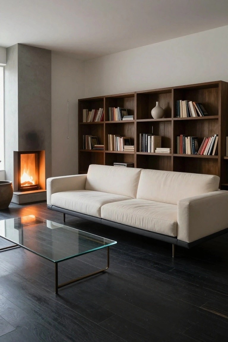Modern living room interior with low-profile white sofa, glass coffee table on black legs, tall wooden bookshelves filled with books, linear gas fireplace, and concrete wall accents on dark wood floor.