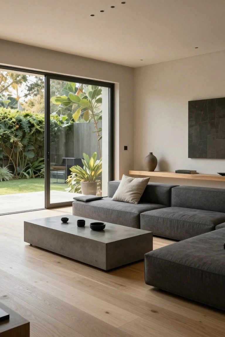 Modern living room featuring a gray modular L-shaped sofa, concrete coffee table with teacups, potted plants, wooden shelf, and sliding glass doors opening to a lush garden.