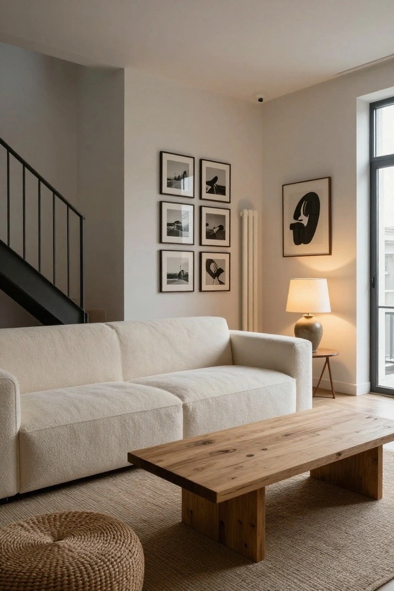 Modern living room with large off-white bouclé sofa, low wooden coffee table, round woven pouf on seagrass rug, black metal staircase, white walls, black and white framed photos, tall radiator, ceramic lamp on tripod table, and large window.