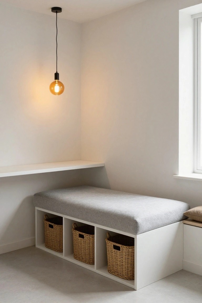 White corner bench built from cube shelving with gray cushion on top, three wicker baskets in lower cubbies, floating shelf above, black pendant with orange bulb hanging nearby, large window to the side, and light gray floor in a minimalist room.