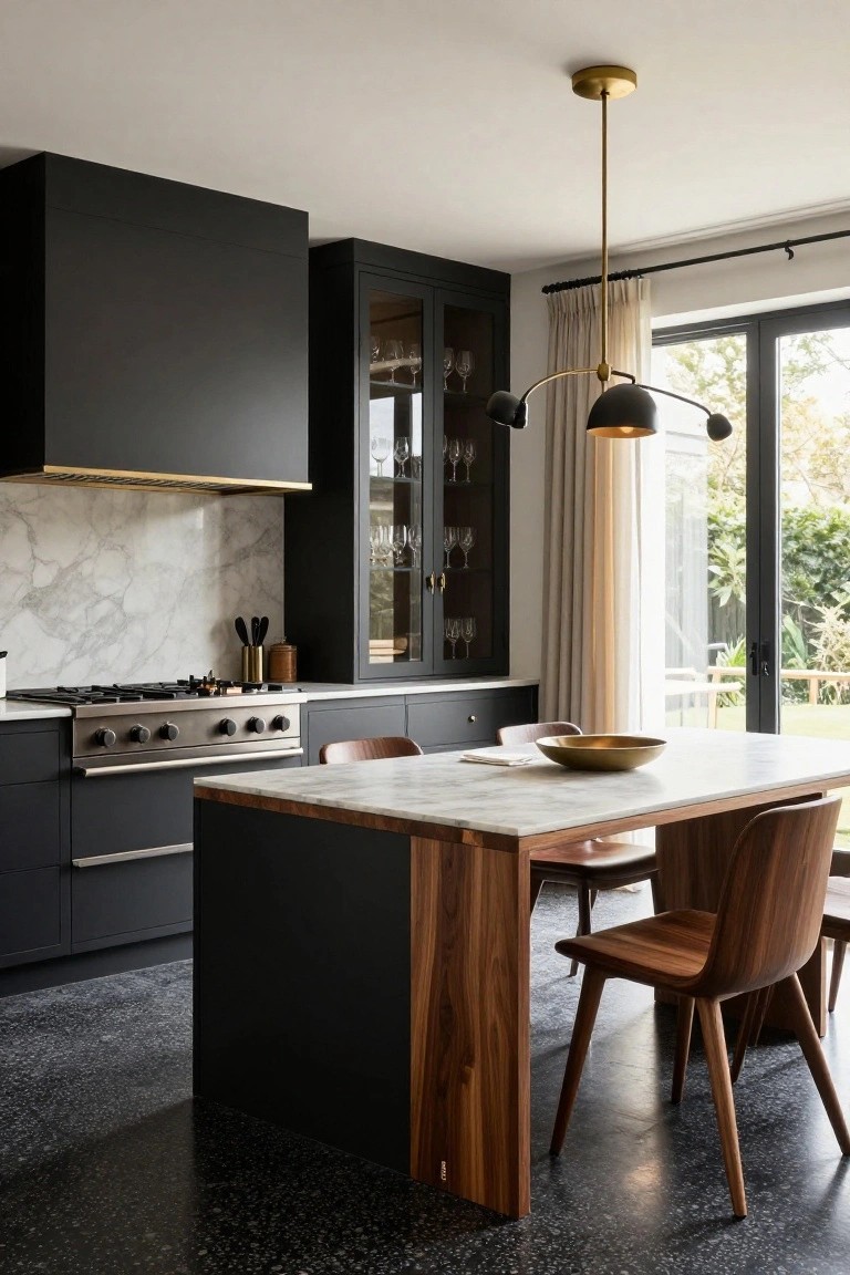 Black Kitchen with Walnut Island