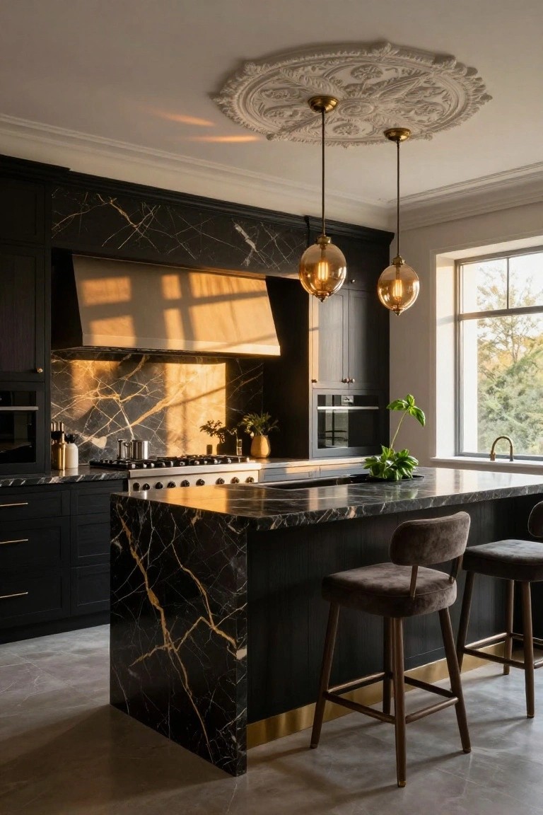 Kitchen with black cabinets, black marble island and backsplash featuring thin gold veins, brass pendant lights, gas range, and large window.