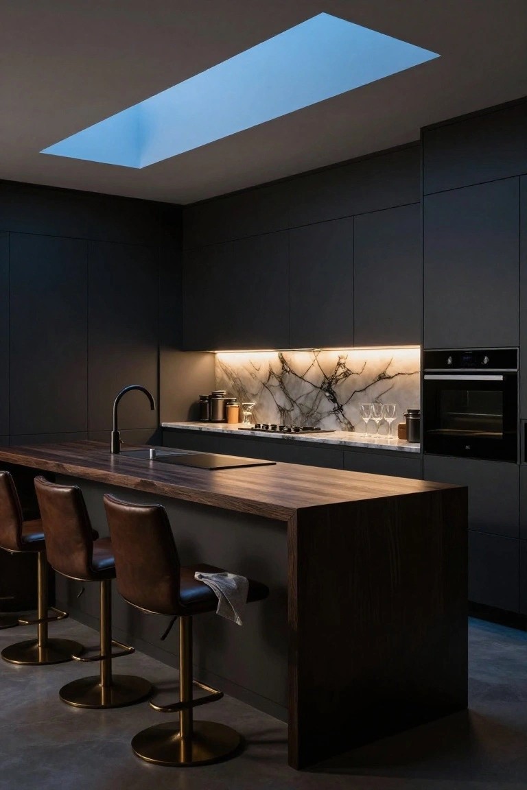Sleek modern kitchen with matte dark grey cabinets, white veined marble backsplash lit by under-cabinet LEDs, central wooden island topped with induction cooktop and flanked by brown leather bar stools on brass bases, black faucet, and polished concrete floor.