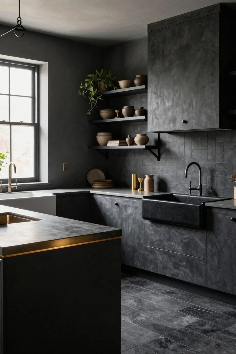 Moody kitchen interior with dark gray textured cabinets, black farmhouse sink, brass faucets, open shelves holding pottery, and a potted plant near a window.