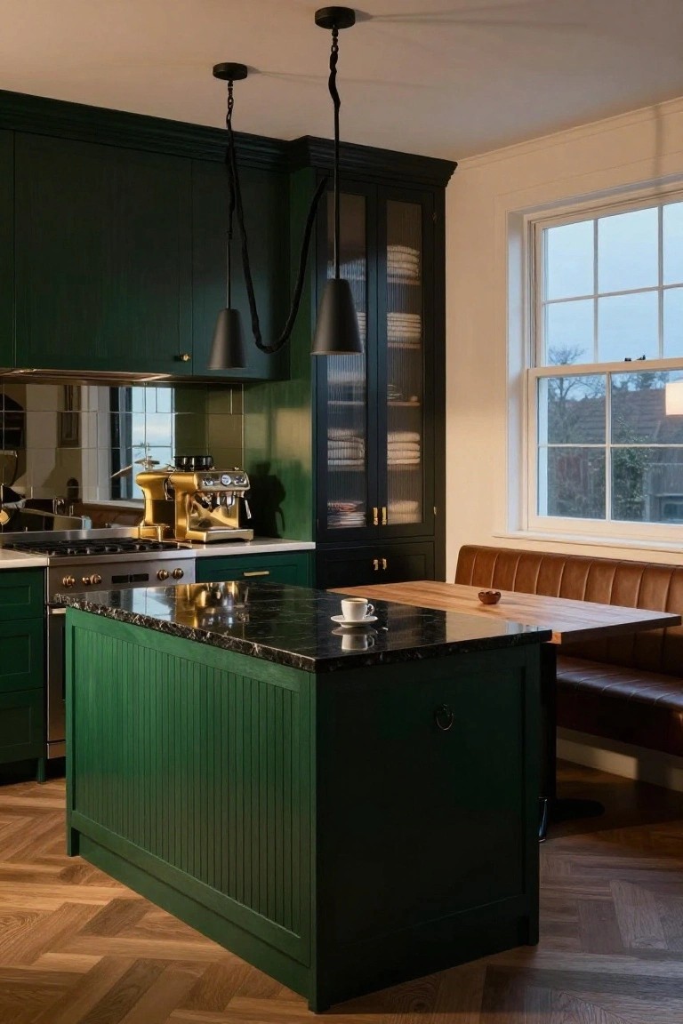 A moody luxury kitchen with deep green paneled cabinetry, black marble island countertop, gold espresso machine, wooden dining table with leather banquette seating, and pendant lights hanging from the ceiling.