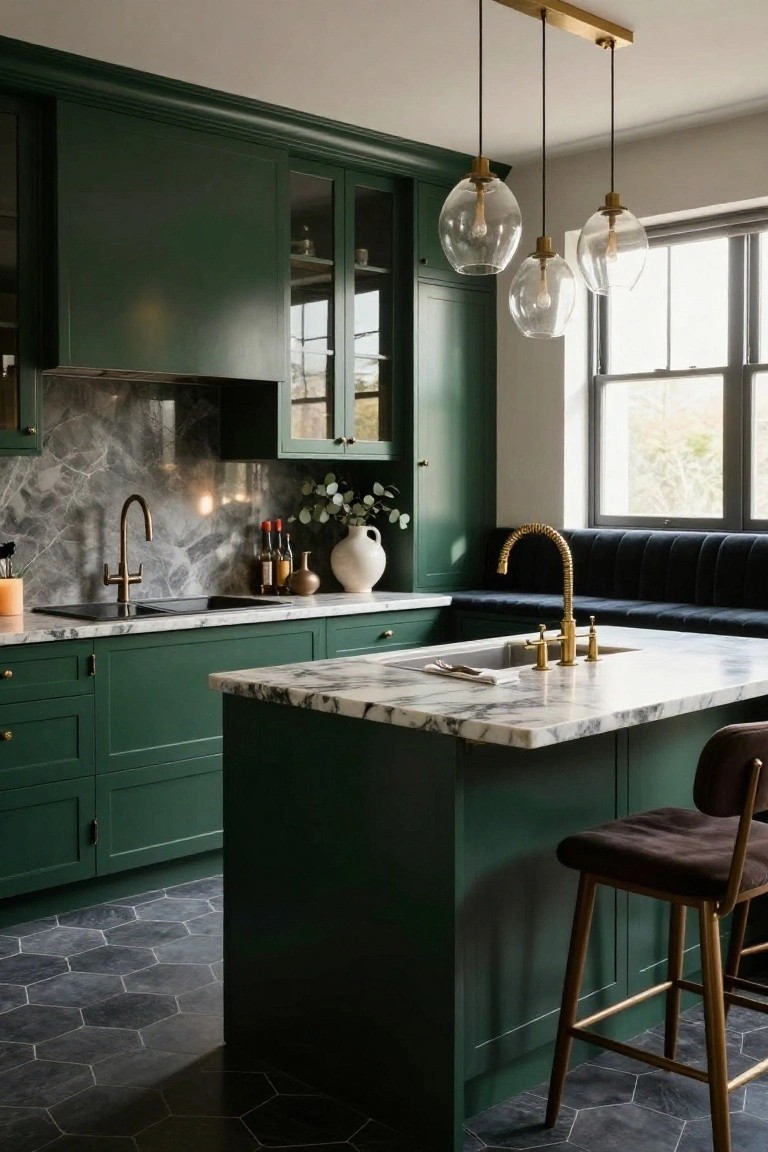 A luxury kitchen with deep green Shaker-style cabinets, gray veined marble backsplash and countertops, brass faucets and hardware, a central island with stools, black tufted bench seating, and dark hexagon tile flooring.