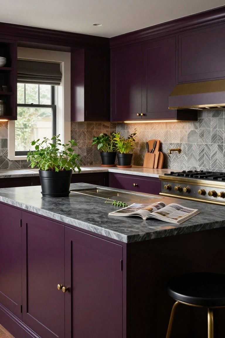 Kitchen interior with deep purple cabinets, white marble island, gold range and hardware, gray herringbone backsplash, black stools, and potted herbs near a window.
