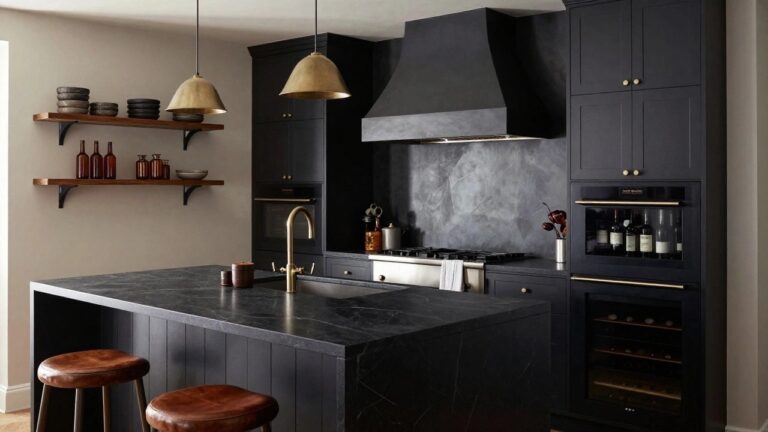 Dark navy kitchen cabinets with black veined marble countertops and backsplash, brass faucet and range hood, integrated glass-door wine cooler, leather bar stool at island, open wood shelves holding ceramics and wine bottles, gold pendant light above.