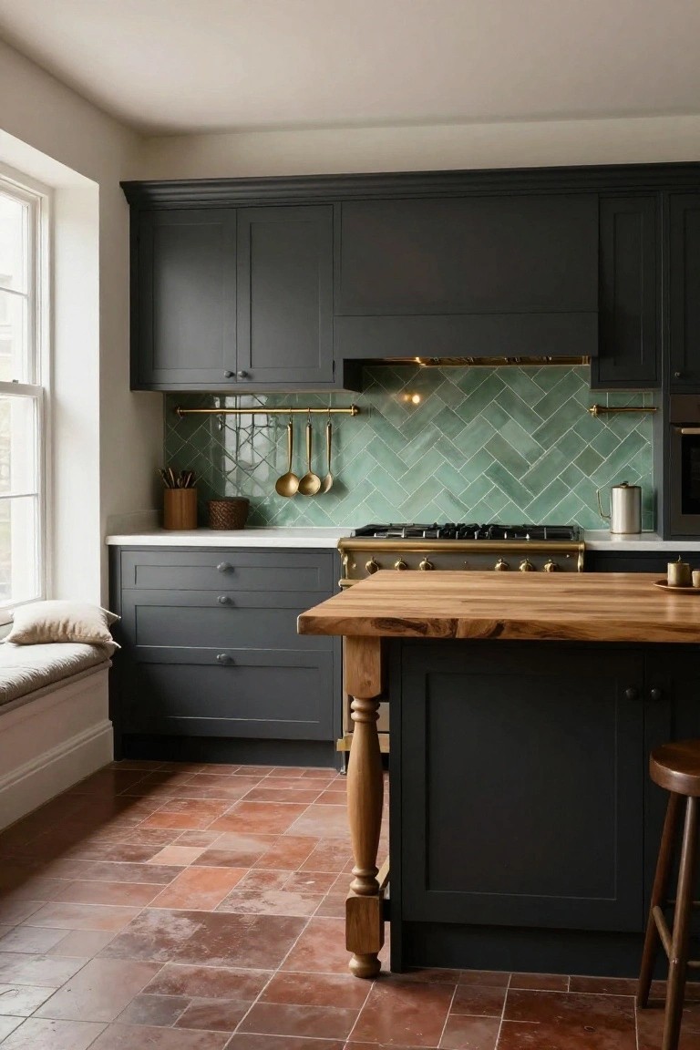 Kitchen with dark gray cabinets, teal herringbone tile backsplash behind a brass-handled range, wooden island on turned legs with black stools, gold utensils on a hanging rail, and terracotta floor tiles.