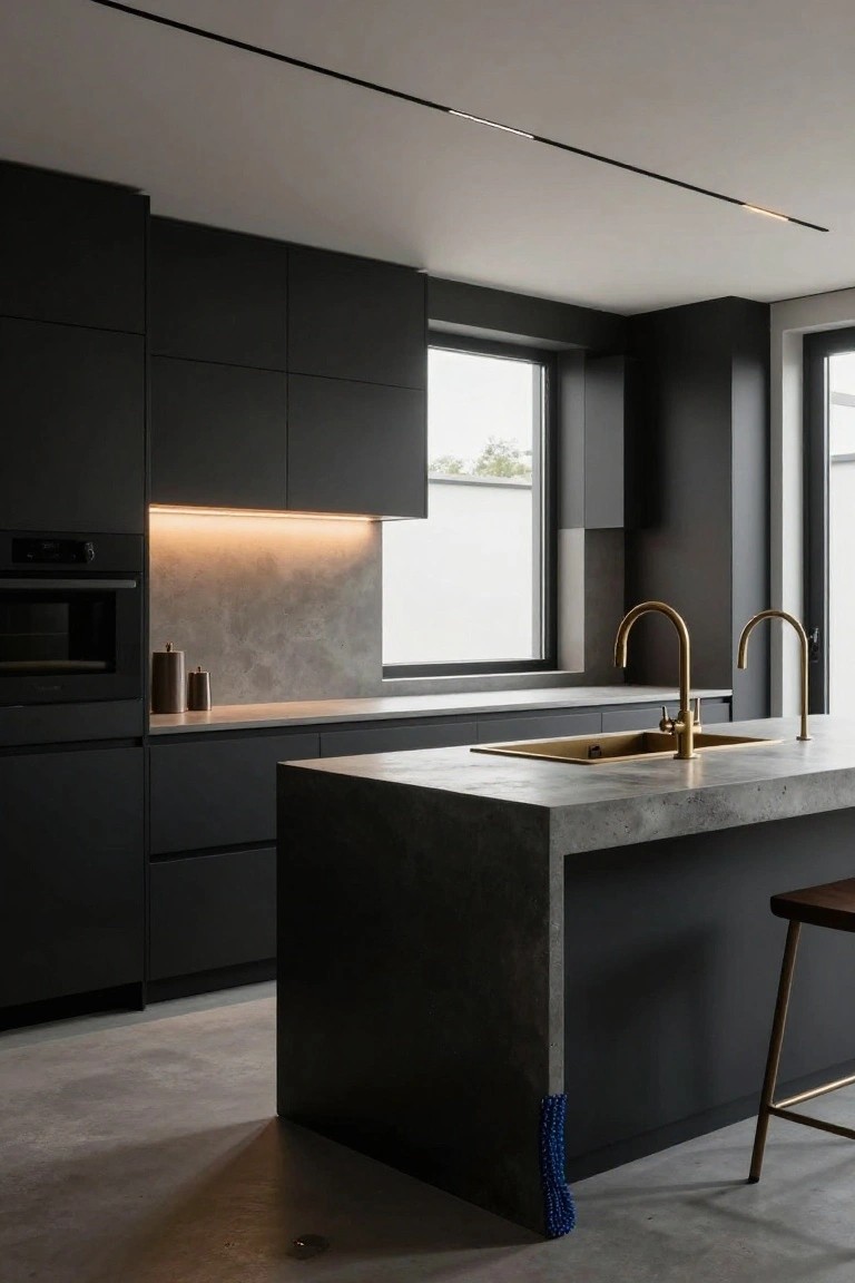 Modern kitchen interior with matte black cabinets, concrete island countertop, gold faucets, warm LED lighting strips, and a bar stool.
