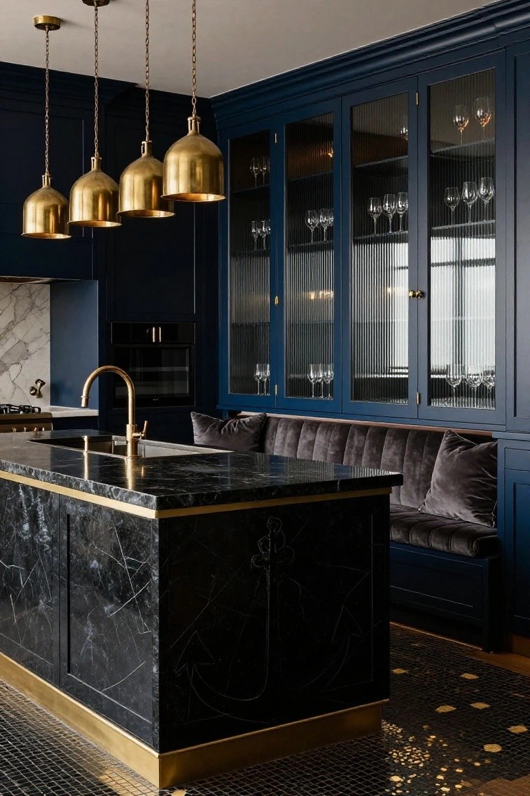 Kitchen interior with navy blue cabinetry including glass-fronted uppers with reeded glass, black marble island countertop edged in brass, built-in velvet banquette seating, brass pendant lights, and gold faucet.