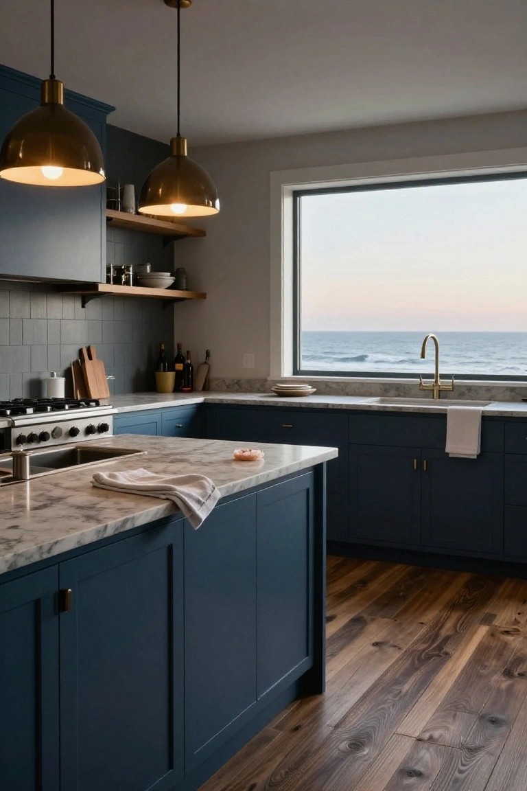 Kitchen interior with navy blue cabinets, white marble countertops, brass pendant lights and faucet, wood open shelves, and large window showing ocean waves.