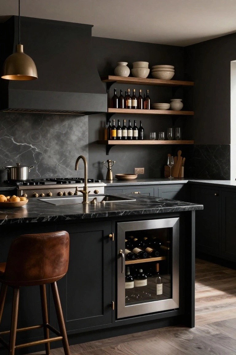 Dark navy kitchen cabinets with black veined marble countertops and backsplash, brass faucet and range hood, integrated glass-door wine cooler, leather bar stool at island, open wood shelves holding ceramics and wine bottles, gold pendant light above.