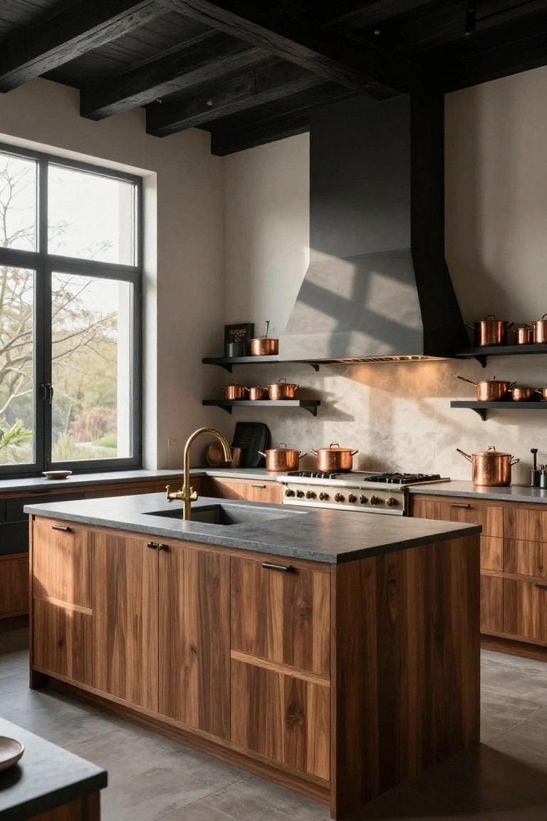 Kitchen interior with exposed black ceiling beams, walnut wood cabinets and large central island topped with matte black countertop and brass faucet, copper pots on black shelves, black range hood, and large window showing trees outside.