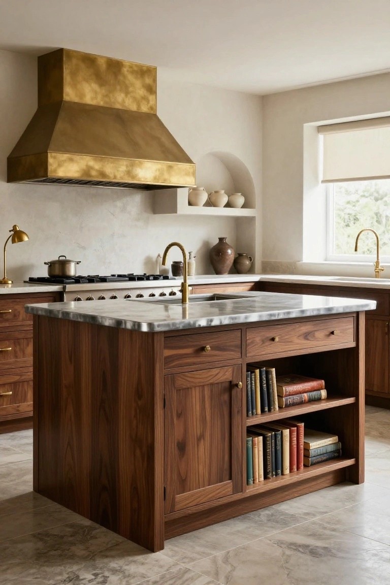 Kitchen with central freestanding walnut wood island topped by white marble countertop, open lower shelves holding books, brass range hood overhead, gold faucets on stove and sink, and neutral walls with arched niche.