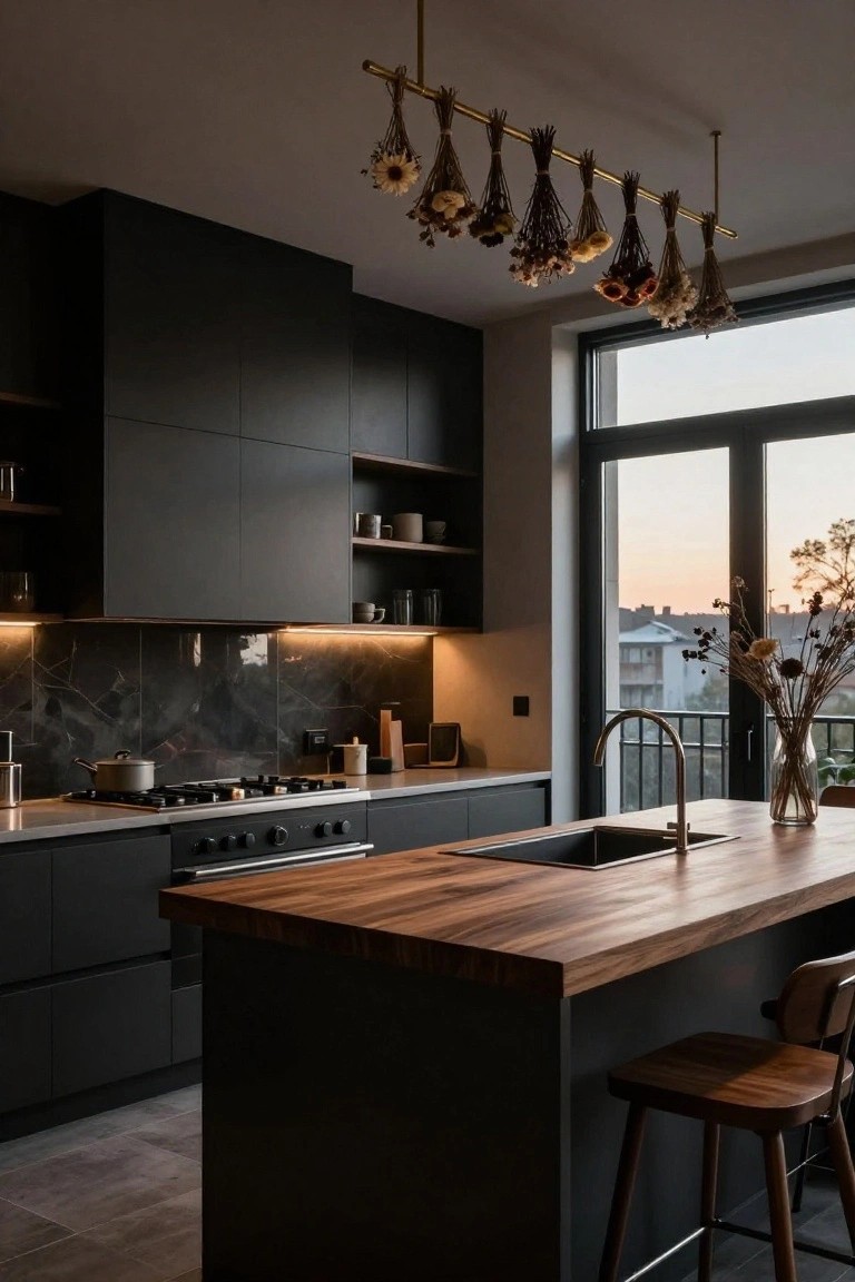 Modern kitchen with matte black cabinets, light wood-topped island, black marble backsplash, hanging brass light fixture with dried flowers, and large corner windows at dusk.