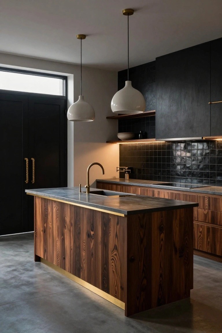 Modern kitchen with central dark wood island on brass base and gray countertop, black upper cabinets, black glossy tile backsplash, white pendant lights, and polished concrete floor.
