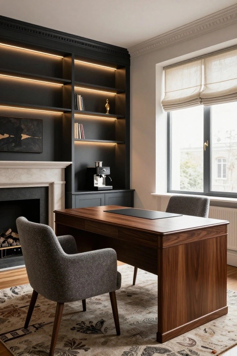 Home office with dark built-in shelving lit by LED strips, walnut executive desk, two gray upholstered chairs, marble fireplace, espresso machine on cabinetry, and window with linen blinds.