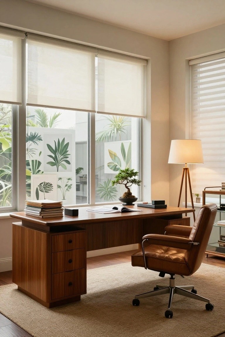 A corner office interior featuring a large wooden desk with drawers, brown leather swivel chair, stacked books, bonsai plant, and large windows with sheer blinds showing tropical plants outside.