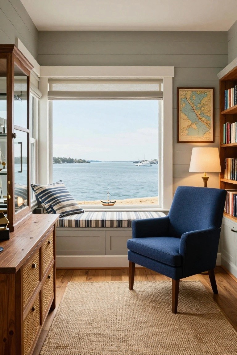 Light gray office nook with cushioned window seat, striped pillows, toy boat model, blue armchair, wooden cabinet, bookshelves, lamp, and view of bay with boat.