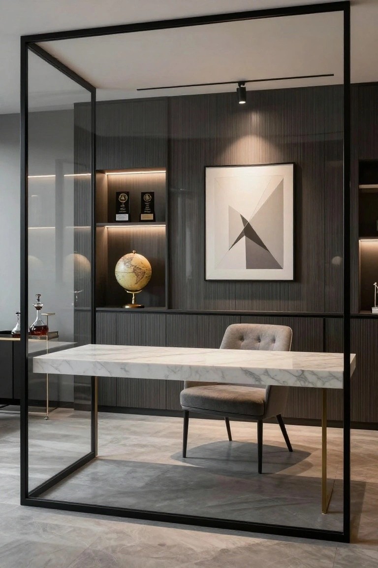 Modern home office interior with a white marble desk on brass legs inside a black metal and glass frame, dark slatted wood cabinetry, tufted gray armchair, shelves displaying awards and a globe, abstract wall art, and track lighting.