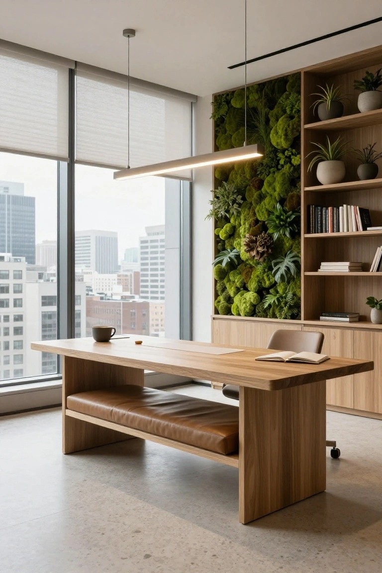 Modern office interior with a large vertical green moss wall beside wooden bookshelves, oak desk featuring integrated leather bench seating, coffee cup on table, and large windows showing city skyline.