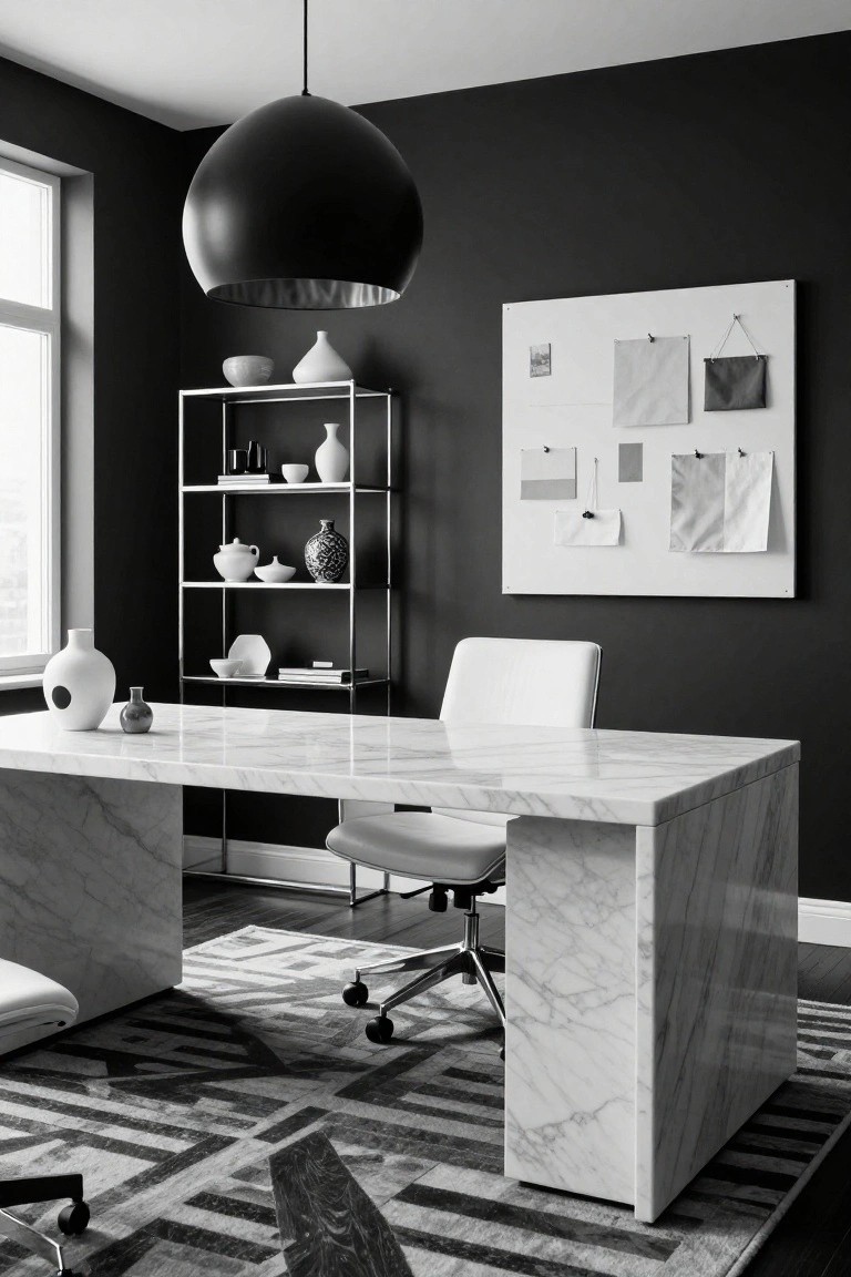 Black and white photo of a modern office corner featuring dark walls, a large white marble desk with integrated base, white leather chair on casters, metal shelving with ceramics, and a white mood board.