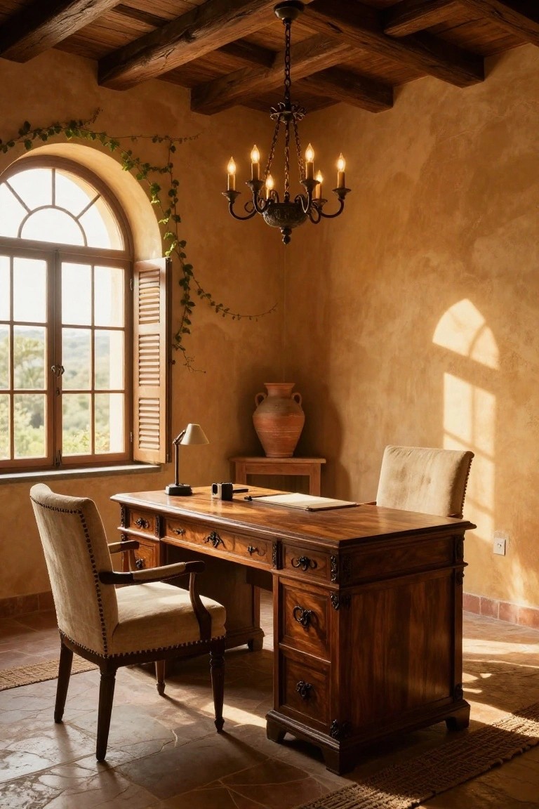 Sunlit office interior featuring terracotta walls, wooden beamed ceiling, antique carved desk with upholstered chairs, desk lamp, large terracotta pot, ivy on walls, chandelier, and arched window with shutters overlooking green hills.