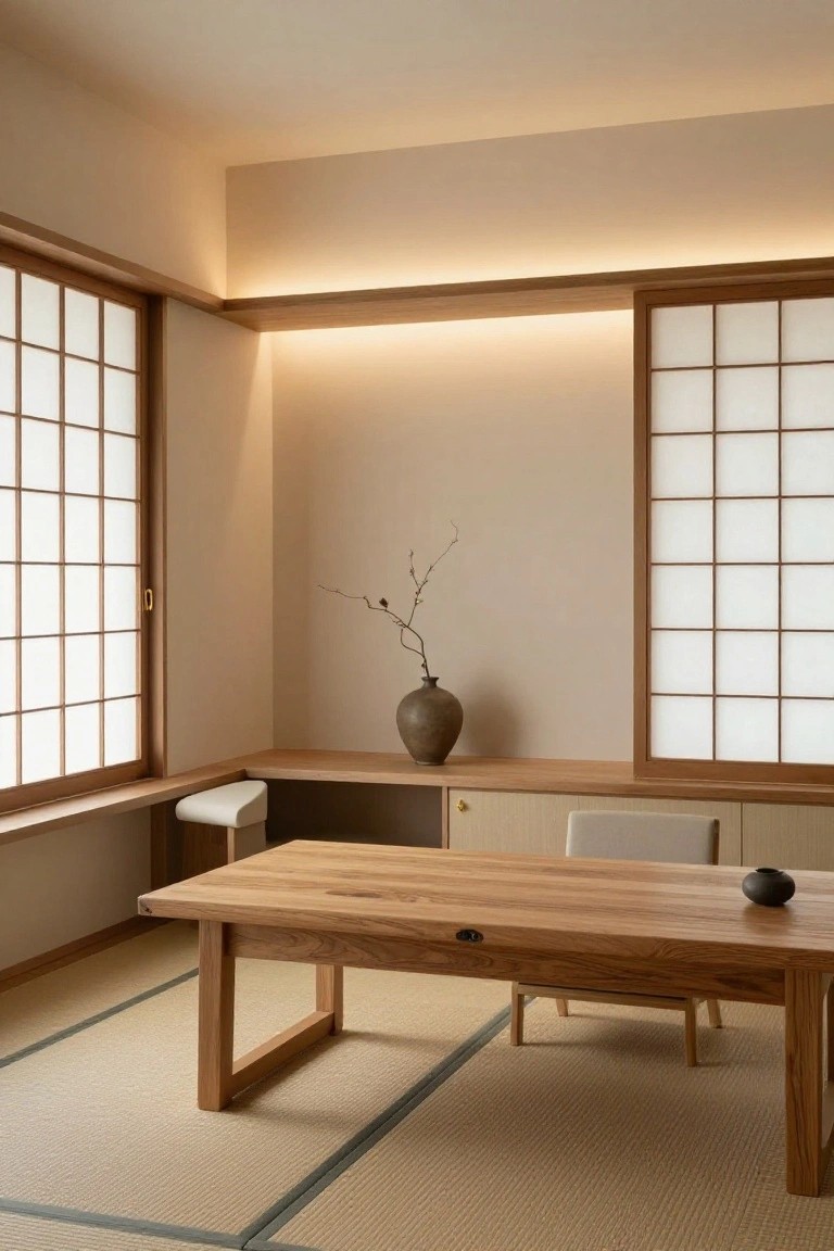 Corner interior of a minimalist room with shoji screen windows on two walls, wooden built-in shelves and cabinet with stool, low rectangular wooden table with stools on tatami mats, branch vase on shelf, small black vase on table.