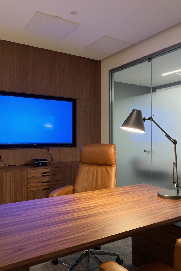 Modern executive office with wood-paneled walls and cabinets, wooden desk, tan leather high-back chair, wall-mounted TV, desk lamp, and frosted glass door.