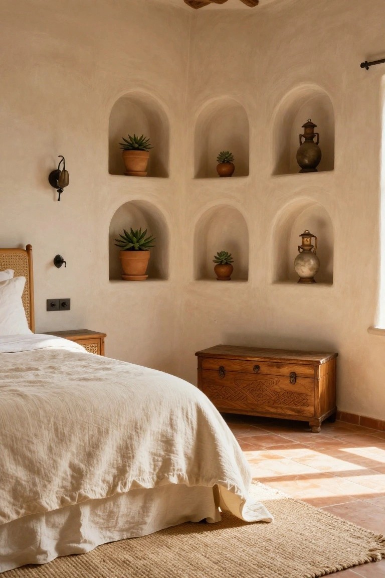 Beige stucco walls in a bedroom corner with six arched niches displaying potted agave and succulents, antique lanterns, and pottery, next to a rattan bed with white linens, wooden chest, and terracotta tile floor.