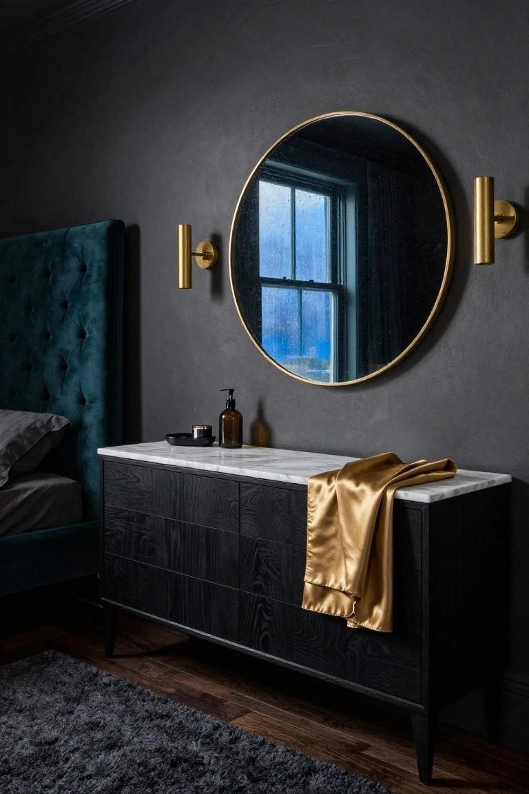 Dark bedroom with teal velvet upholstered bed, black wood dresser topped with white marble and gold silk scarf, large gold-framed round mirror on dark wall flanked by two brass wall sconces, and hardwood floors with dark rug.