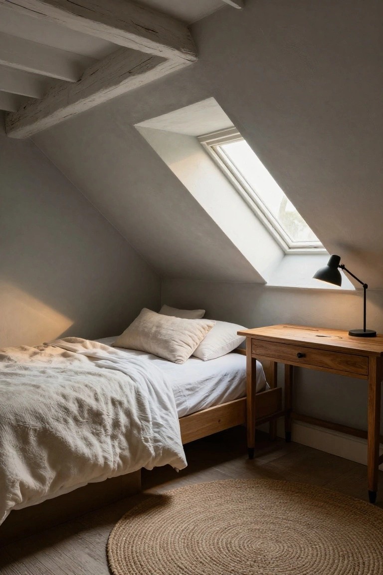 Small attic bedroom featuring sloped white ceilings with exposed wooden beams, a low wooden bed draped in white linens, a wooden desk with black adjustable lamp, and a round seagrass rug on light wood floors.
