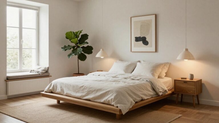 A minimalist bedroom with a low oak platform bed draped in white linens, a large potted fiddle leaf fig plant by a gray-framed window, a window seat with a throw blanket, soft pendant lamps, and a framed abstract artwork on white walls.