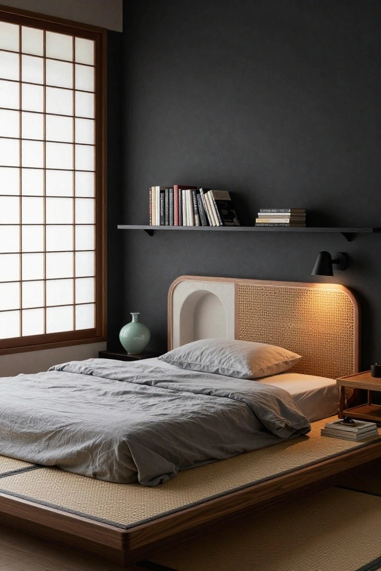 Bedroom with low wooden platform bed topped by beige tatami mat, gray linen bedding, curved headboard combining plaster arch and rattan weave, dark textured walls, shoji screen window, floating bookshelves, celadon vase on low table, and bedside lamp.