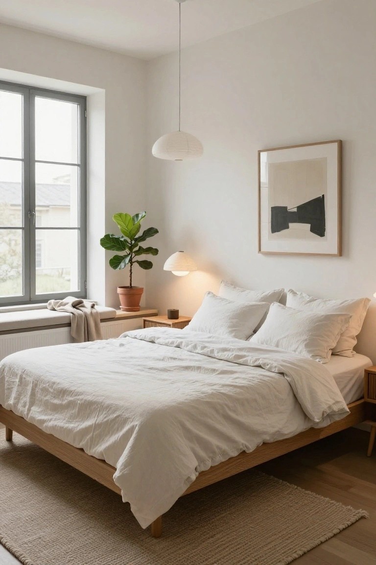 A minimalist bedroom with a low oak platform bed draped in white linens, a large potted fiddle leaf fig plant by a gray-framed window, a window seat with a throw blanket, soft pendant lamps, and a framed abstract artwork on white walls.