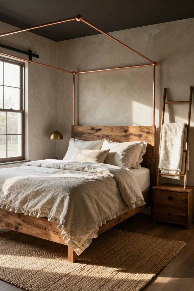 Bedroom interior with a wooden bed under a copper pipe canopy frame, beige plaster walls, wooden ladder draped with white blanket, gold lamp on wooden nightstand, seagrass rug on wood floor, window with natural light.