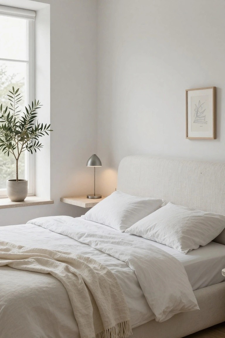 A minimalist bedroom with a white upholstered bed covered in white sheets, pillows, and a beige throw, a metal lamp on a wooden nightstand, an olive tree in a gray pot on the windowsill, neutral walls, and soft daylight.