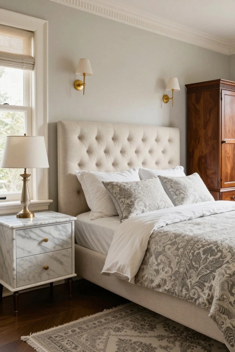 Bedroom interior featuring a tufted cream upholstered headboard on a bed with white sheets, gray patterned pillows and duvet, marble nightstand with brass lamp, wood armoire, wall sconces, gray walls, and hardwood floor with beige rug.