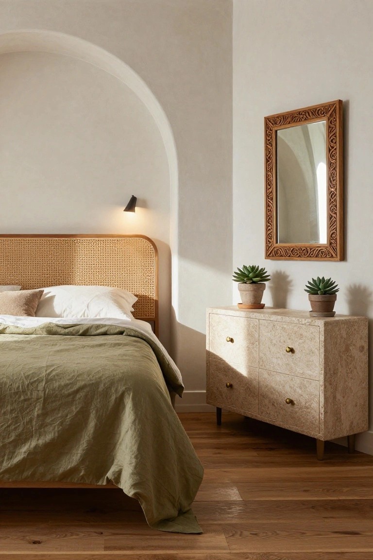 Bedroom with curved rattan headboard against white arched wall recess, white and beige pillows on bed with green linen duvet, wooden carved mirror above marble-textured dresser holding two potted succulents, black wall light, wood flooring.