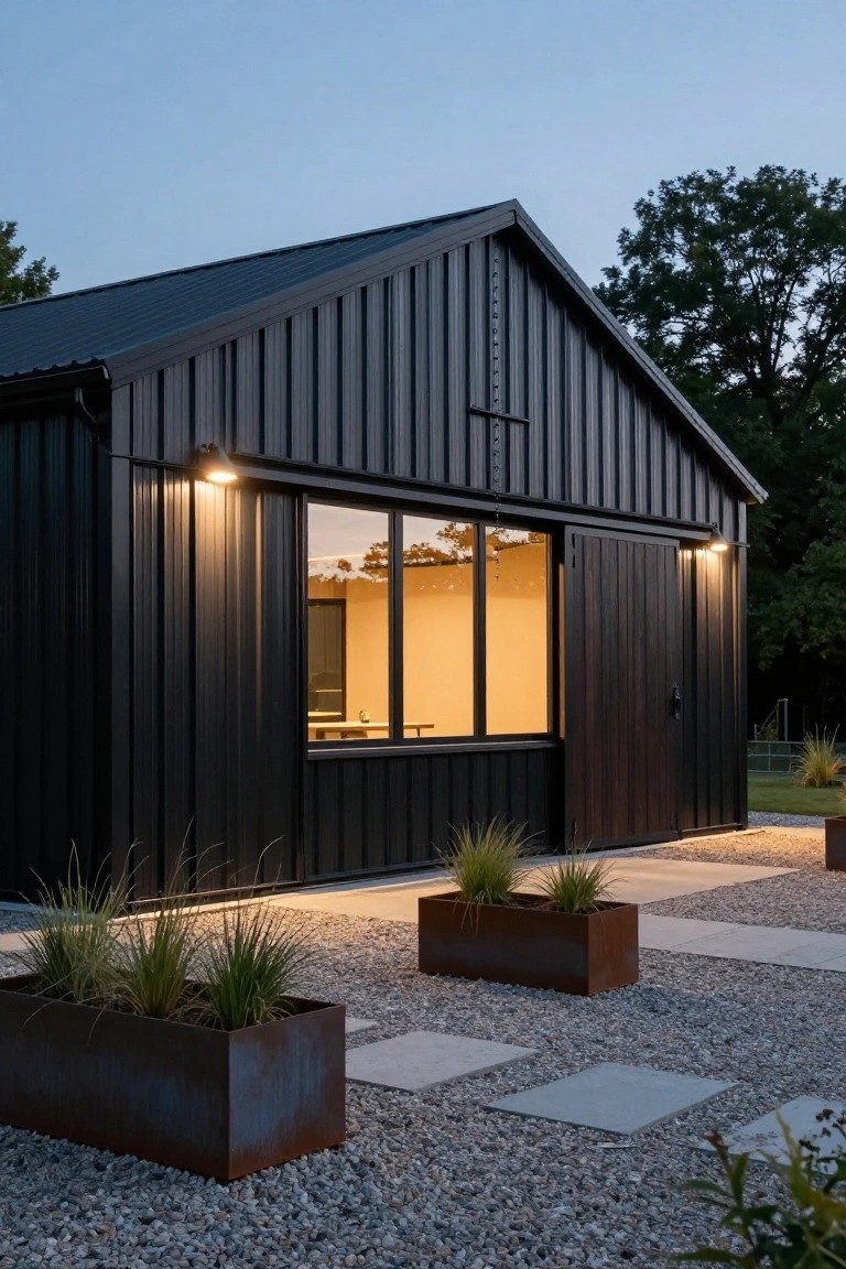 Exterior of a dark corrugated metal barn-style building at dusk with gabled roof, large sliding wooden door, wide window, wall-mounted lights, gravel path with stepping stones, corten steel planters containing grasses, and trees in background.