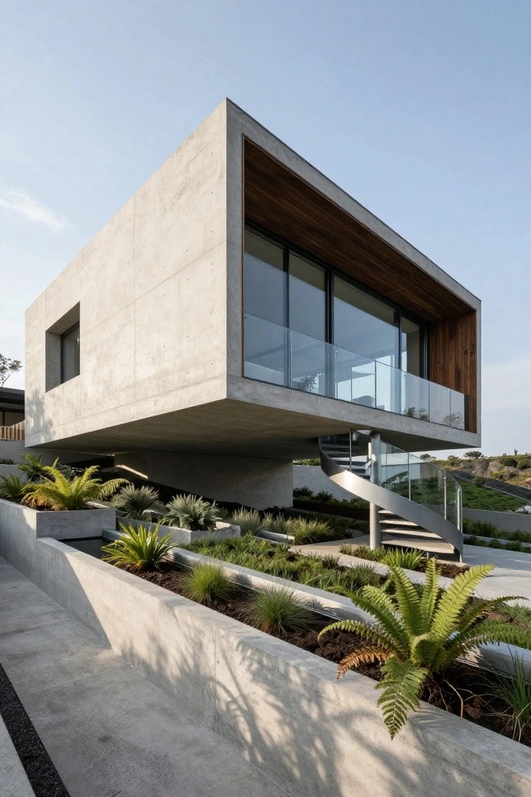 Exposed concrete house structure cantilevered over sloped terrain with spiral metal staircase below, wood cladding on one side, glass walls, and landscaped plants in concrete planters.