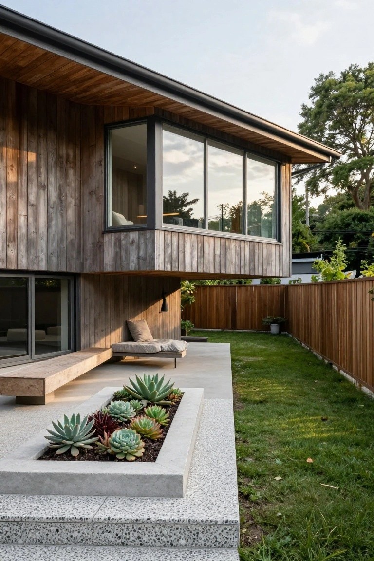 Modern house exterior showing cantilevered upper timber-clad section with large corner window, wooden bench on concrete patio below, rectangular succulent planter, steps, grass lawn, and wooden fence.
