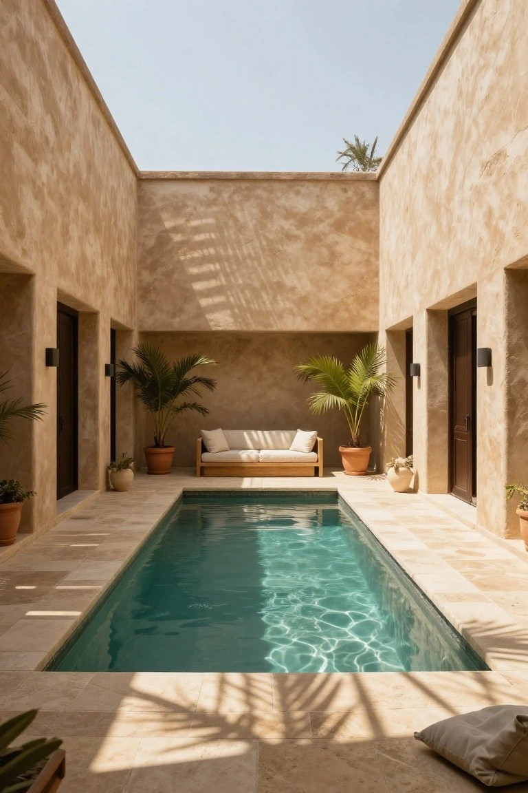 Narrow turquoise rectangular pool in a sunlit beige stucco courtyard with white linen sofa, potted palm trees, terracotta planters, and wooden doors on surrounding walls.