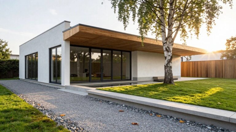 Modern house exterior with white walls, vertical wood cladding on upper section, large floor-to-ceiling glass windows and doors overlooking a narrow rectangular pool, gravel pathway with concrete bench, birch trees, and mossy grass garden.