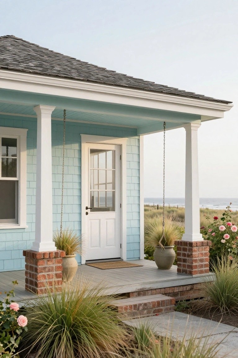 Light blue shingle-sided beach cottage with elevated front porch on brick piers and white columns, flanked by potted grasses and roses, facing dunes and ocean.