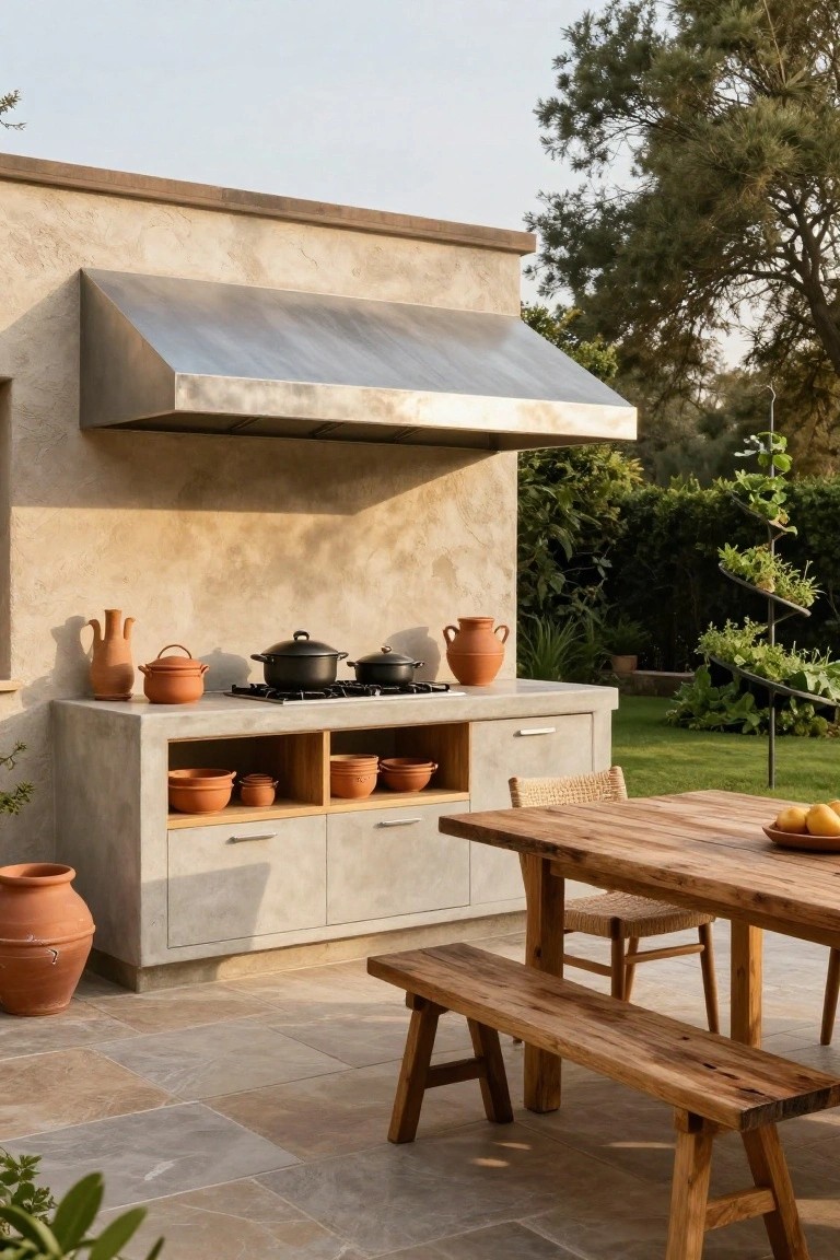 Outdoor kitchen built into a beige stucco wall with stainless steel hood, concrete countertop holding gas stove and terracotta pots, wooden dining table with benches and rattan chair on stone tile patio surrounded by greenery and trees.